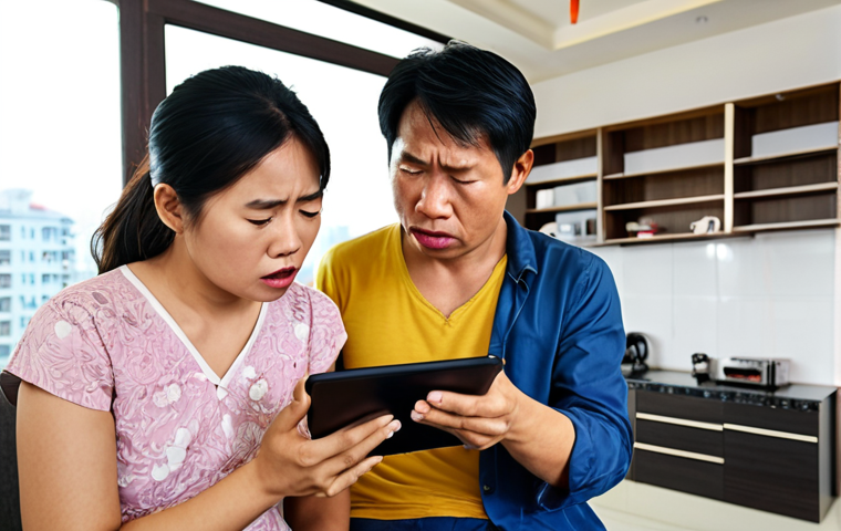 **

*   **Prompt:** A stressed Vietnamese family looking at rising car loan interest rates on a tablet. Focus on the financial burden and concern. Modern Vietnamese apartment background.

**