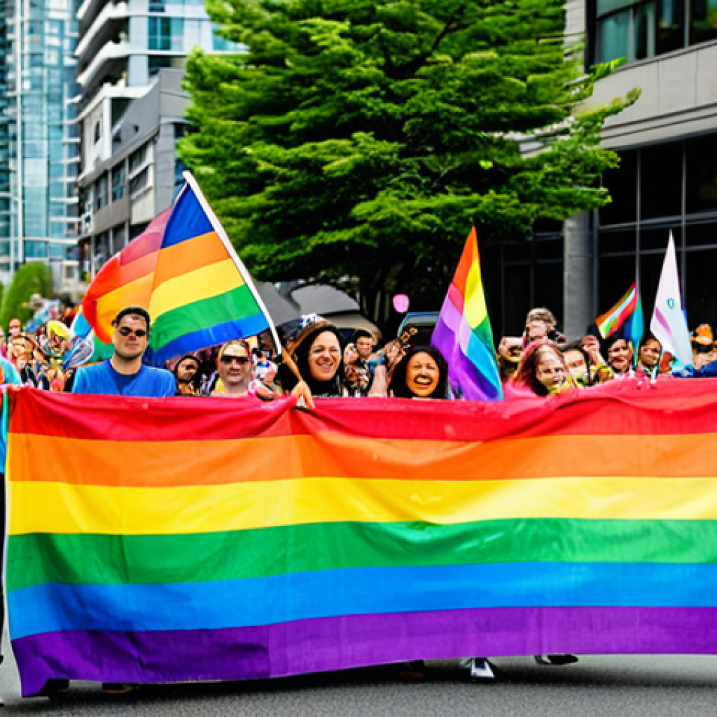 Pride Parade in Vancouver**
"A vibrant and joyful Pride parade in downtown Vancouver, Canada. Focus on the diverse participants: fully clothed in colorful, expressive outfits, holding rainbow flags and banners with positive messages. The background features the city skyline and cheering crowds. safe for work, appropriate content, fully clothed, family-friendly, professional photography, perfect anatomy, natural proportions, high quality."
**