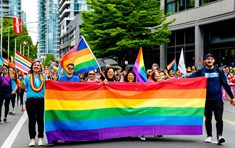Pride Parade in Vancouver**
"A vibrant and joyful Pride parade in downtown Vancouver, Canada. Focus on the diverse participants: fully clothed in colorful, expressive outfits, holding rainbow flags and banners with positive messages. The background features the city skyline and cheering crowds. safe for work, appropriate content, fully clothed, family-friendly, professional photography, perfect anatomy, natural proportions, high quality."
**