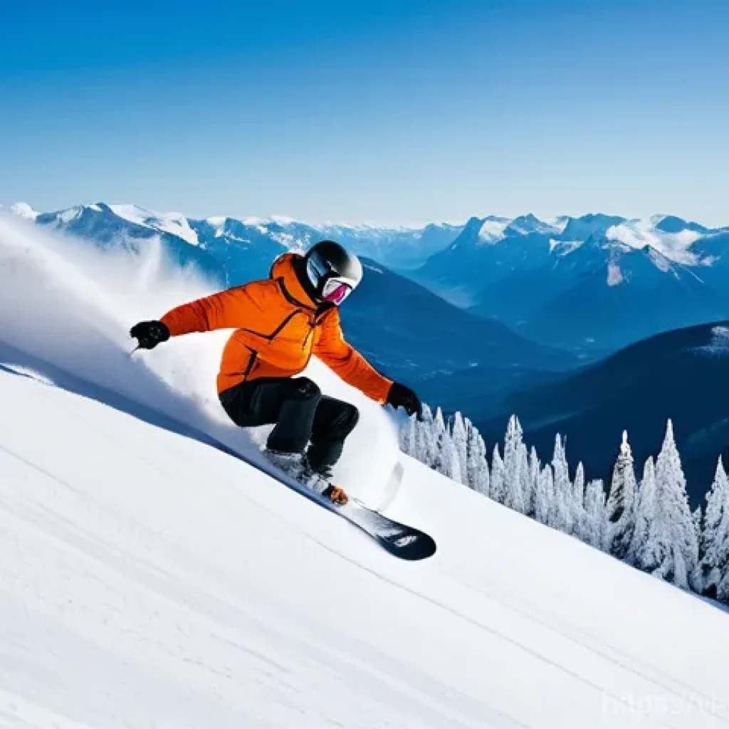 캐나다 겨울 스포츠 명소 - A dynamic, wide-angle shot of a snowboarder carving down a pristine, powder-covered slope in the Can...