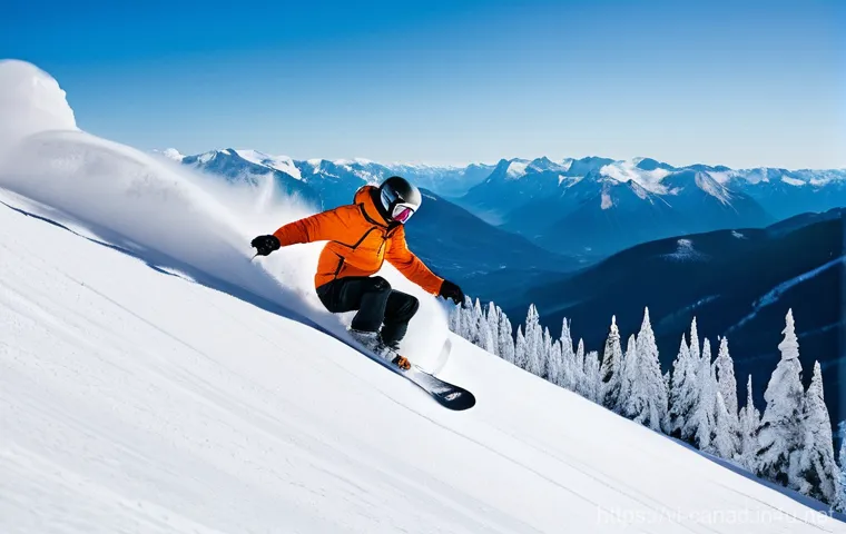 캐나다 겨울 스포츠 명소 - A dynamic, wide-angle shot of a snowboarder carving down a pristine, powder-covered slope in the Can...