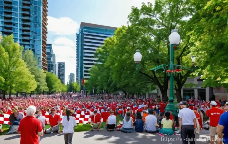 캐나다의 공휴일 및 국경일 - A vibrant and joyful outdoor Canada Day celebration in a bustling city park. People of diverse ages ...
