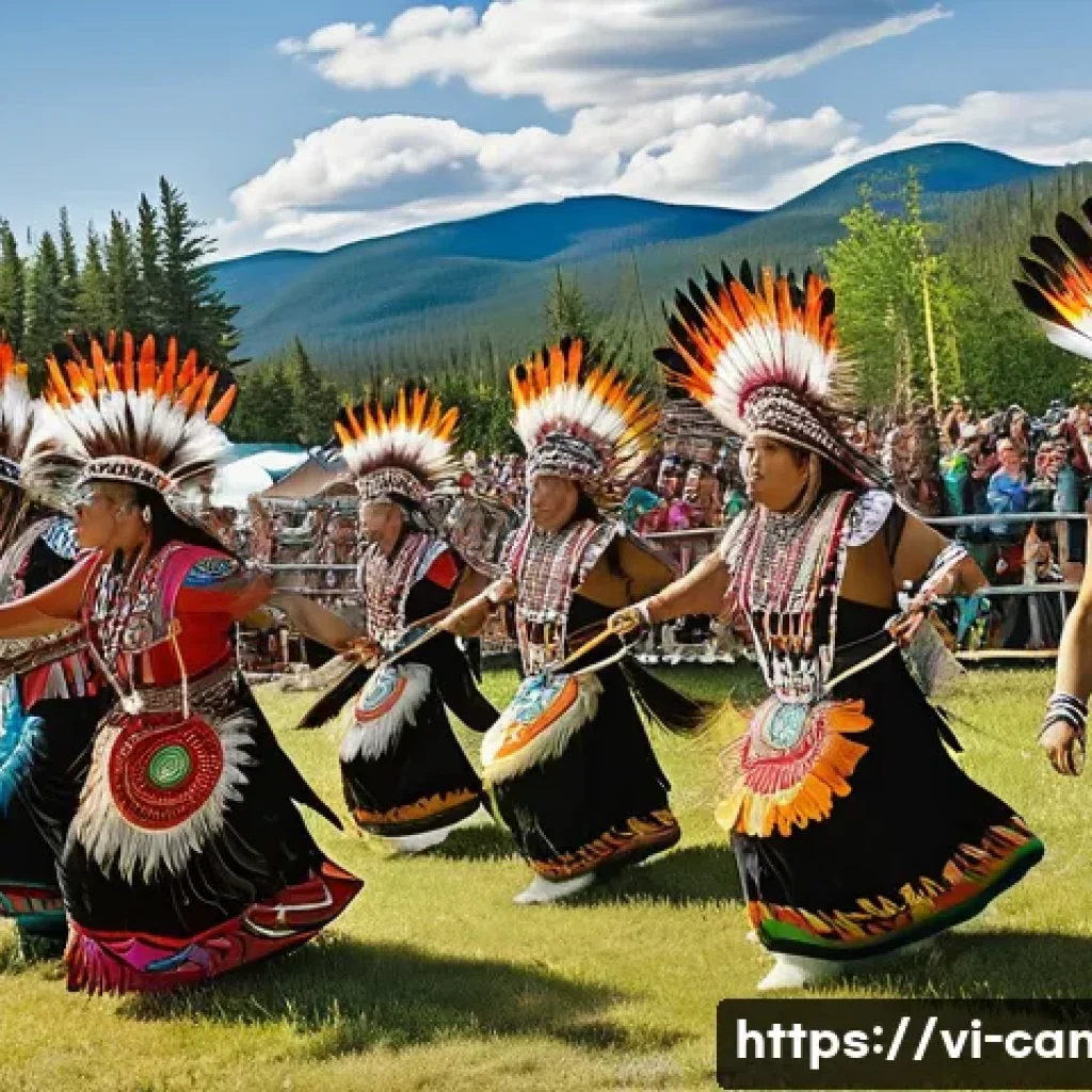 캐나다에서 체험할 수 있는 전통적인 원주민 문화 - **A Vibrant Pow Wow Celebration:** A dynamic and colorful image capturing an Indigenous Pow Wow fest...