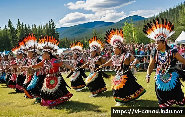 캐나다에서 체험할 수 있는 전통적인 원주민 문화 - **A Vibrant Pow Wow Celebration:** A dynamic and colorful image capturing an Indigenous Pow Wow fest...