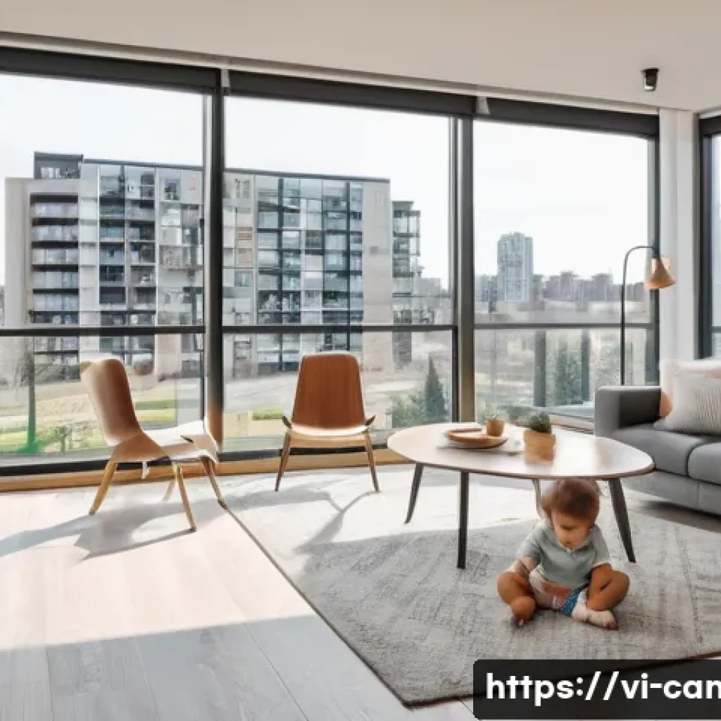 캐나다에서 주택 임대 시 주의할 점 - A modern Canadian apartment interior featuring a small family living comfortably: a mother, father, ...