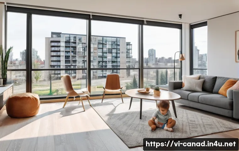 캐나다에서 주택 임대 시 주의할 점 - A modern Canadian apartment interior featuring a small family living comfortably: a mother, father, ...