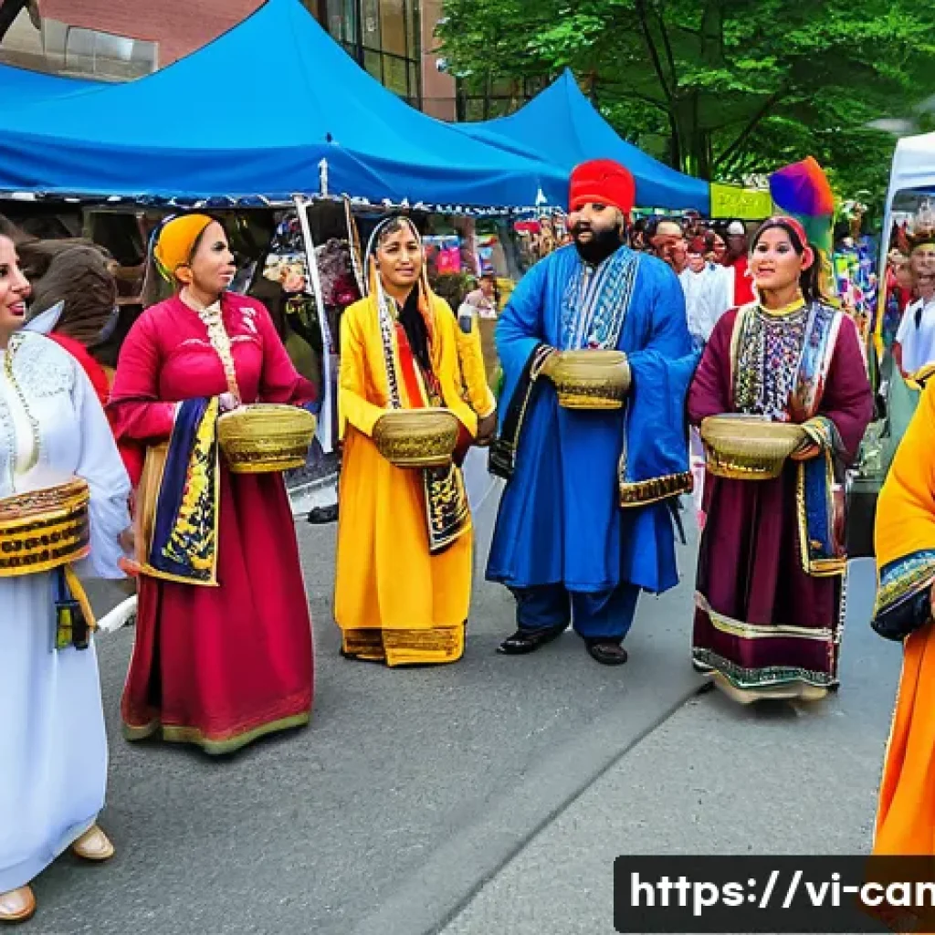 캐나다에서 문화적 다양성과 다민족 사회 이해하기 - A vibrant multicultural street festival in Toronto during summer, featuring diverse ethnic groups in...
