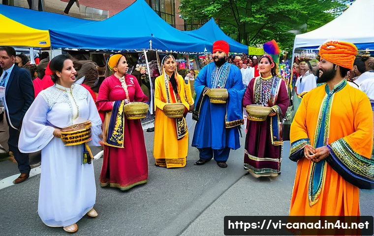 캐나다에서 문화적 다양성과 다민족 사회 이해하기 - A vibrant multicultural street festival in Toronto during summer, featuring diverse ethnic groups in...