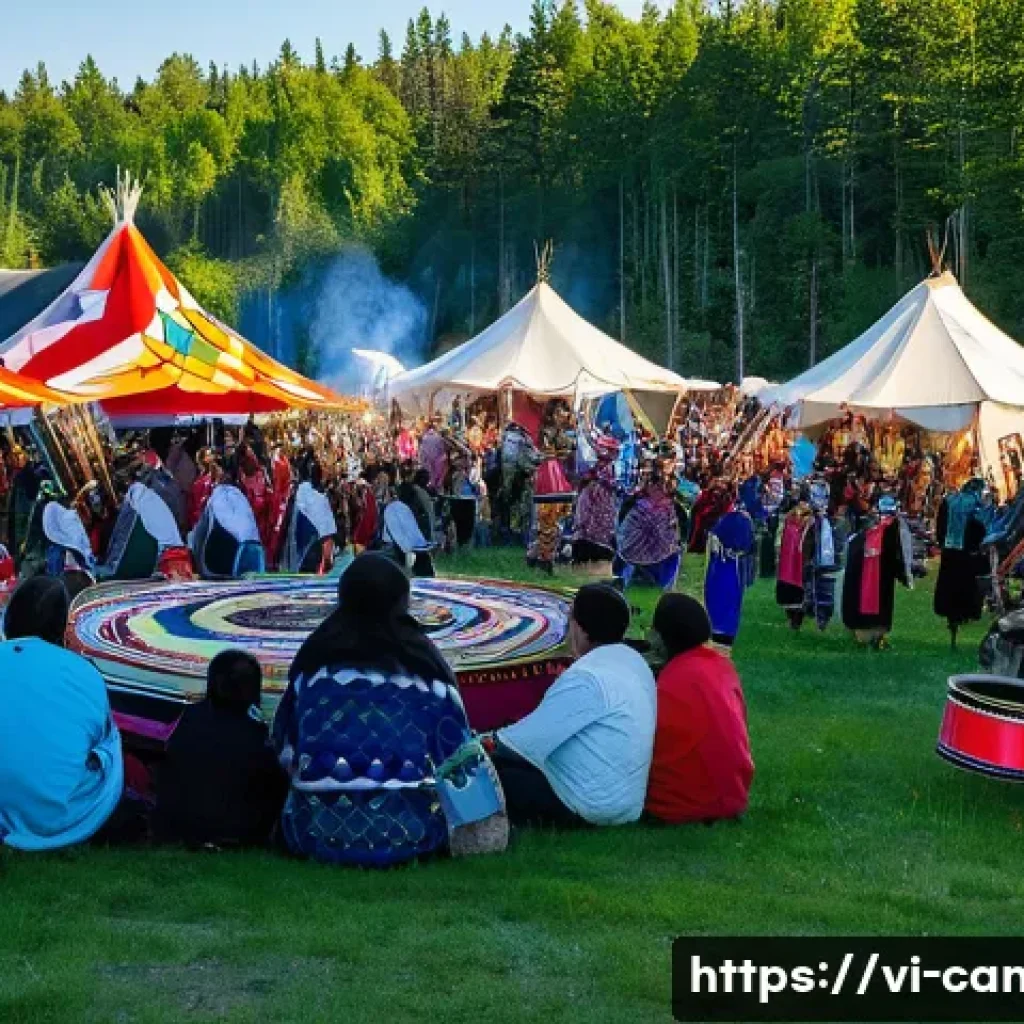 캐나다 원주민 권리 운동 - A vibrant scene of a Canadian Indigenous cultural festival featuring diverse First Nations, Métis, a...