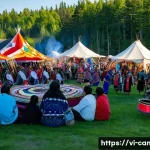 Home 22 캐나다 원주민 권리 운동 - A vibrant scene of a Canadian Indigenous cultural festival featuring diverse First Nations, Métis, a...