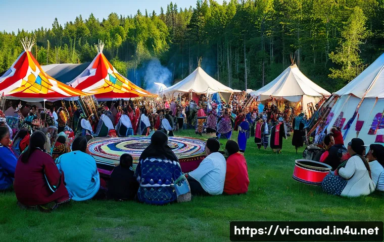 캐나다 원주민 권리 운동 - A vibrant scene of a Canadian Indigenous cultural festival featuring diverse First Nations, Métis, a...