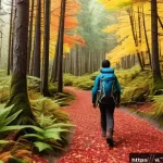 Home 21 캐나다 자연 공원과 국립공원 - A serene hiking trail winding through a dense Canadian forest during early autumn, vibrant red and g...