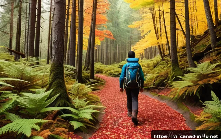 캐나다 자연 공원과 국립공원 - A serene hiking trail winding through a dense Canadian forest during early autumn, vibrant red and g...