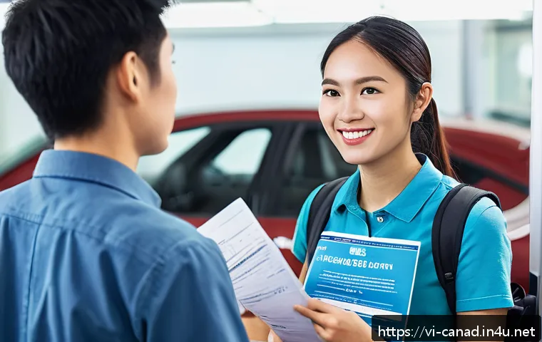 캐나다에서 운전면허 교환 및 취득 절차 - A detailed scene showing a Vietnamese newcomer at a Canadian driver licensing center, holding a fold...
