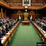 Home 19 캐나다 정치 체계와 주요 정당 - A detailed illustration of the Canadian parliamentary chamber showing the House of Commons in sessio...