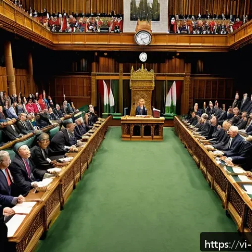 Home 31 캐나다 정치 체계와 주요 정당 - A detailed illustration of the Canadian parliamentary chamber showing the House of Commons in sessio...