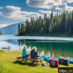 Home 18 캐나다에서 유명한 호수와 캠핑 명소 - A serene lakeside scene in Canada during summer, featuring crystal-clear blue water reflecting a bri...