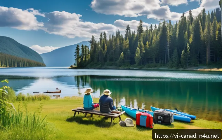캐나다에서 유명한 호수와 캠핑 명소 - A serene lakeside scene in Canada during summer, featuring crystal-clear blue water reflecting a bri...