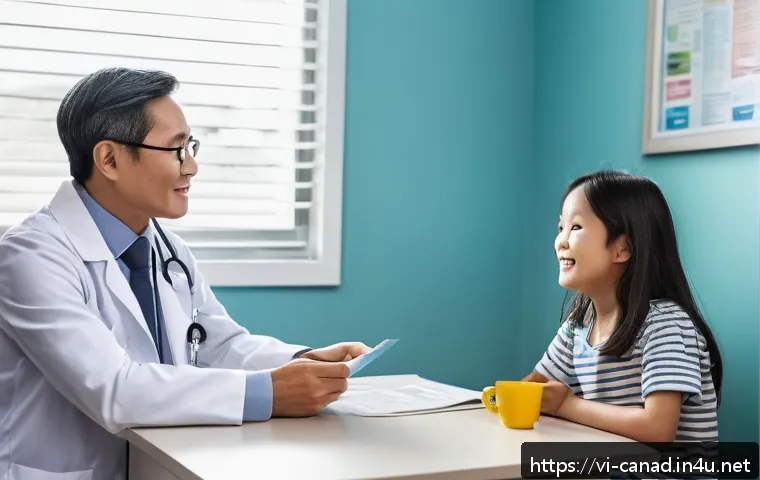캐나다의 헬스케어 서비스 이용법 - A welcoming modern Canadian family doctor’s office interior, featuring a friendly middle-aged doctor...