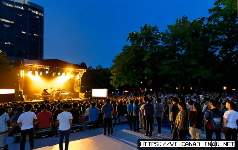 Home 17 캐나다에서 유명한 재즈 및 음악 페스티벌 - Photorealistic outdoor jazz festival in Montreal, Canada, a soulful saxophonist performing on a warm...