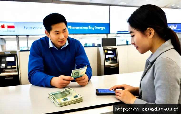 캐나다 여행 중 환전하는 법 - Photorealistic travel finance scene in a bright Canadian airport currency exchange area, Vietnamese ...