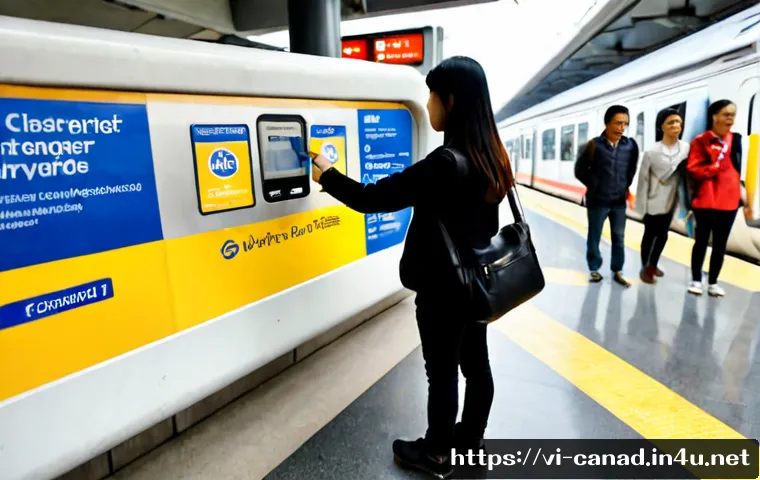 캐나다 교통 시스템과 대중교통 이용법 - Photorealistic Canadian urban public transit scene, a Vietnamese tourist in modest casual clothing u...